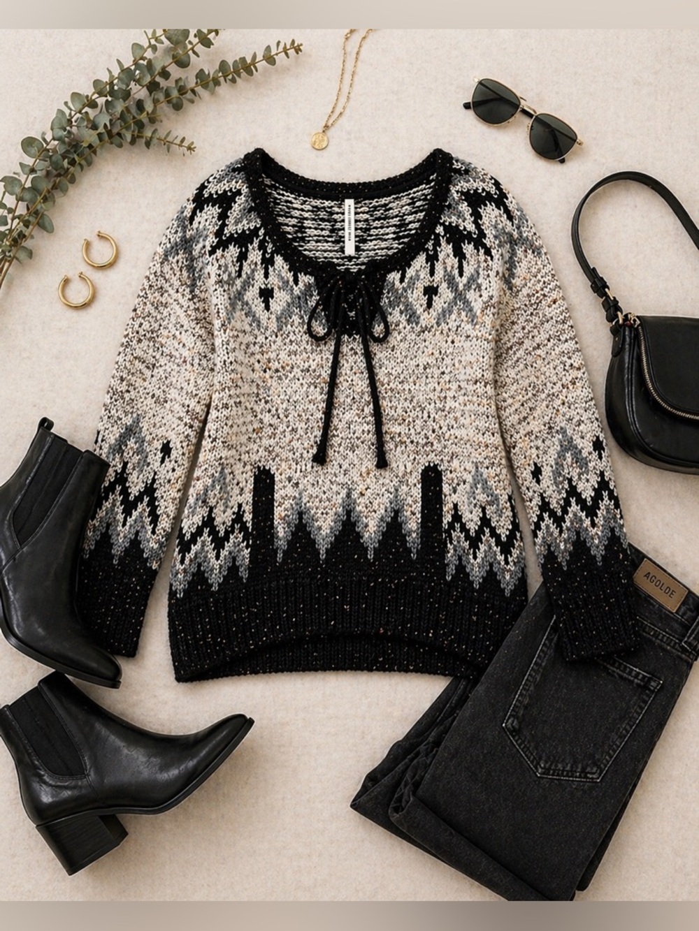 Free People Love Big Fair Isle Sweater Boho Chunky Knit Cozy Oversized